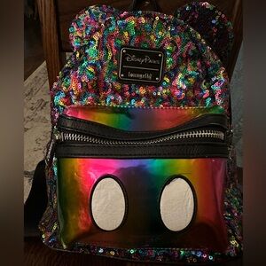 DISNEY Parks Loungefly Sequin Mickey Mouse Ears Rainbow Mini Backpack pre loved